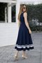 Women's Strappy Round Neck Long Viscose Dress with Stripe Detail at the Hem - 3