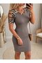Women's Milk Coffee Color Stripe Detailed Short Sleeve Round Neck Short Modal Dress