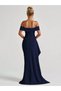 Women's Navy Blue Off-Shoulder Madonna Collar Deep Slit Long Evening Dress - 5