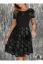 Women's Black Short Sleeve Crew Neck Tulle Detailed Floral Patterned Flared Evening Dress Midi Dress