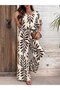 Women's Coffee Leaf Patterned V-Neck Short Sleeve Top and Wide Leg Pants Two-Piece Set - 4