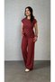 Women's Burgundy Short-Sleeved Side-Tie Crew Neck Two-Piece Set with Wide-Leg Pants