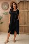 Women's Black Crew Neck Short Sleeve Button Detailed Asymmetrical Hem Pocketed Linen Textured Midi Dress - 4