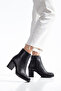 Women's Black Leather Zippered Ankle Length Stylish Daily Heeled Boots 7cm Heel Oval Toe