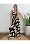 Women's Black Double-Breasted Collared Strappy Waist Belted Long Patterned Single Jersey Jumpsuit - 3