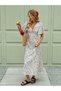 Women's White Crispy Floral Patterned V-Neck Slit Detailed Short Sleeve Midi Length Dress - 3