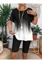 Women's Black Crew Neck Short Sleeve Loose T-Shirt Biker Cycling Tights Two-Piece Set - 4