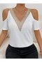 Women's White V-Neck Lace Guipure Detailed Off-The-Shoulder Short Sleeve Combed Cotton Blouse - 5