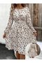 Women's Beige Leopard Patterned Waist-Cinched Crew Neck Long Sleeve Midi Dress - 2