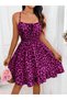 Women's Purple Leopard Patterned Thin Strap Waist Cinched Chest Tie Ruffle Mini Flared Dress - 3