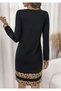 Women's Leopard Pattern Striped Crew Neck Long Sleeve Mini Dress with Skirt Hem Trim - 3
