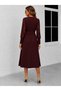 Women's Burgundy Crew Neck Long Sleeve Belted Waist Midi Waffle Dress - 3