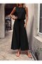 Women's Black Sleeveless Crew Neck Crop Blouse with Wide Leg Pants Linen Textured Two-Piece Set - 2