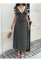 Women's Short Sleeve Deep V Neck Lace Detailed Floral Patterned Long Single Jersey Dress - 3