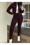 Women's Burgundy Zippered High Collar Long Sleeve Crop Jacket with Elastic Cuffs Tracksuit Set