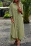 Women's Green Shirt Collar Buttoned Long Sleeve Slit Linen Textured Loose Maxi Dress - 2