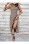 Women's Milk Coffee Geometric Patterned Rope Strap Deep Slit V-Neck Summer Long Dress