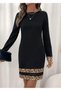 Women's Leopard Pattern Striped Crew Neck Long Sleeve Mini Dress with Skirt Hem Trim - 2
