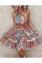 Women's Patterned Halter Neck Ruffled Sleeveless Mini Summer Dress with Pleated Waist - 2