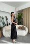 Women's Black Rope Strap V-Neck Sequin Detailed Satin Long Evening Dress - 5