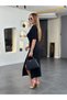 Women's Black Crew Neck Half Sleeve Side Slit Gathered Midi Length Lycra Pencil Dress - 4