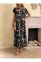 Women's Black Floral Patterned Crew Neck Short Sleeve Loose Maxi Length Casual Dress - 5