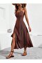 Women's Rope Strap Wide V-Neck Patterned Slit Single Jersey Midi Dress - 2
