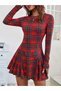 Women's Red Plaid Patterned Crew Neck Long Sleeve Flared Skirt Mini Dress - 2