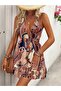 Women's Strappy Deep Chest Decolleté Detailed Back Tie Patterned Single Jersey Short Dress - 3