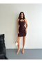 Women's Brown Sleeveless Halter Neck Cut Out Window Low-Cut Gathered Mini Dress