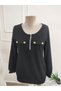 Women's Black Half Zipper Ribbed Long Sleeve Pocket Cover Buttoned Camisole Blouse - 6