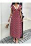 Women's Short Sleeve Deep V Neck Lace Detailed Floral Patterned Long Single Jersey Dress - 3
