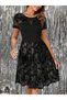 Women's Black Short Sleeve Crew Neck Tulle Detailed Floral Patterned Flared Evening Dress Midi Dress - 3