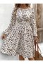 Women's Beige Leopard Patterned Waist-Cinched Crew Neck Long Sleeve Midi Dress - 6