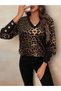 Women's Leopard Patterned V-Neck Long Sleeve Button Detailed Cuffed Comfortable Fit Blouse - 2