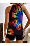 Women's Long Sleeve Halter Neck Detailed Leopard Single Jersey Blouse - 3