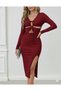 Women's long sleeve sandy midi dress with chest and navel cutout detail