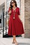 Women's Red V-Neck Short Sleeve Loose Flowy Flared Midi Length Casual Combed Cotton Dress
