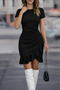 Women's Black Crew Neck Short Sleeve Front Flounce Imported Crepe Dress - 2