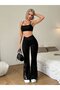 Women's high-waisted wide leg trousers with lace detail on the side - 4