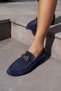 Ginto Women's Navy Blue Genuine Suede Loafer Shoes with Buckle Detail - 8