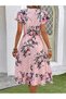 Women's Pink Short Sleeve V-Neck Patterned Midi Single Jersey Dress - 3