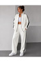 Women's White Scuba Fabric Oversize Stripe Detailed Zippered Top and Bottom Tracksuit Set