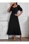Women's Black V-Neck Short Sleeve Front Gathered Long Imported Crepe Dress - 7