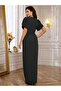 Women's Black Imported Crepe Dress with Floral Accessories at the Waist, Slits, Short Sleeves, and Double-Breasted Collar - 3