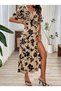Women's Short Sleeve V-Neck Dress with Elastic Waist Slit Long Leopard Printed Piece Single Jersey Dress - 2