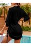 Women's Black Three-Quarter Sleeve Buttoned Front Side Gathered Short Wrap Dress - 4