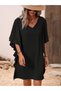 Women's Short Sleeve V-Neck Short Imported Crepe Dress with Flounces on the Sides - 3