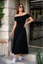 Women's Black Off-Shoulder Madlen Collar Short Sleeve A-Line Flared Skirt Midi Length Casual Dress - 3