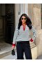 Women's Red Zippered Striped Polo Collar Premium Knitwear Sweater - 3